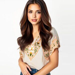 Vintage Ethnic Floral Embroidered Top Short Sleeve Shirt Mexico Yellow Cream